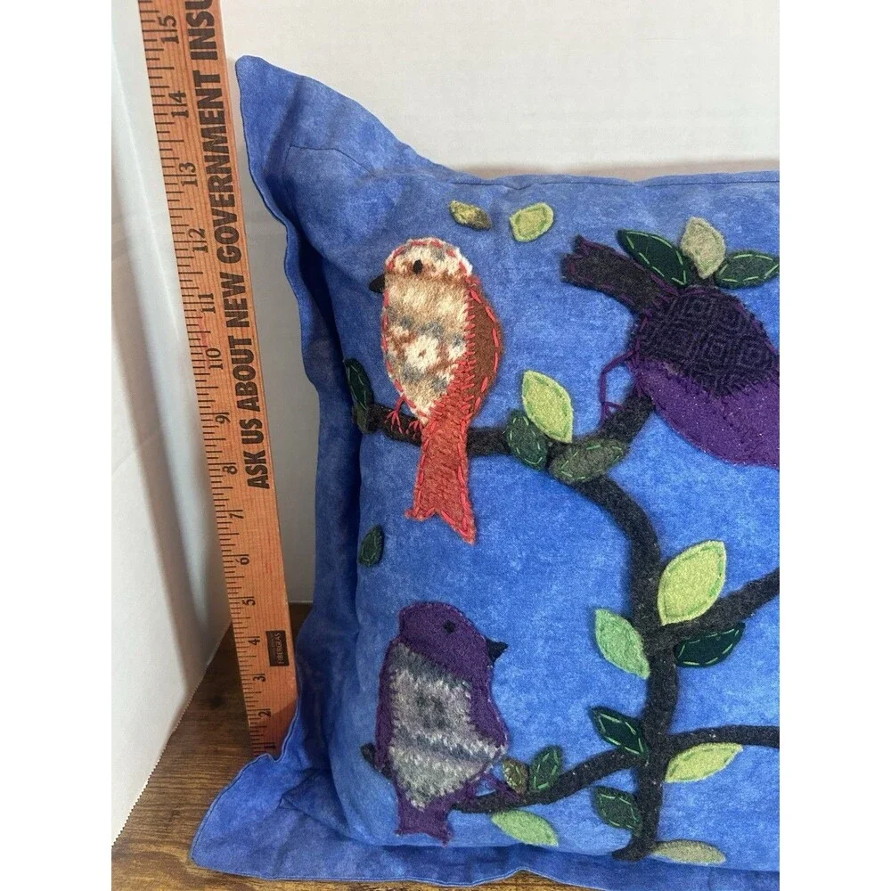 Handmade Blue Bird Pillow Cover Folk Art Throw Cushion 17x17 Removable Case